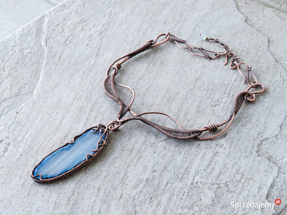 Unikatowa miedziana kolia niebieski agat Naszyjniki Kraków