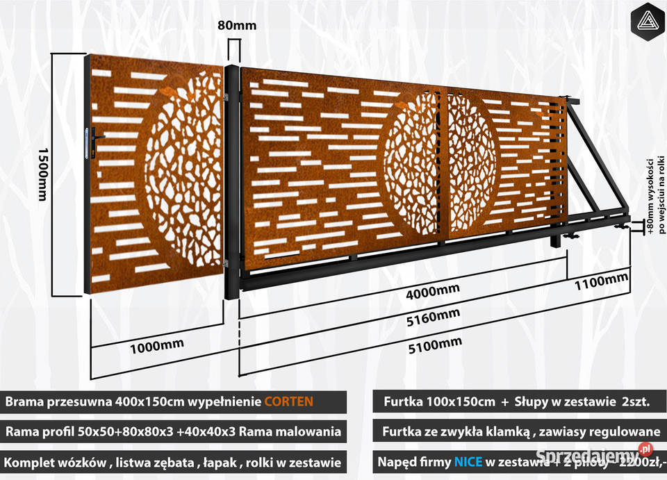 Brama przesuwna wjazdowa CORTEN 4m rdzaBlacha z wielkopolskie Poznań
