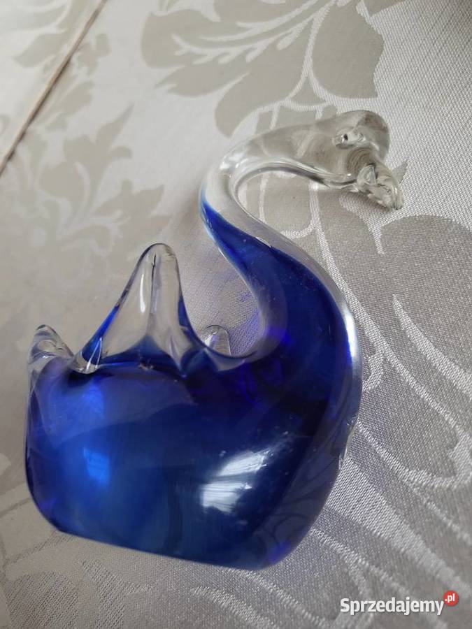 Figurka stara szklana ŁABĘDZ szklo w stylu Łódź