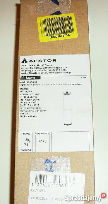 Ogranicznik przepięć SN APATOR ASW 9N 9 kV 10 kA Gliwice sprzedam