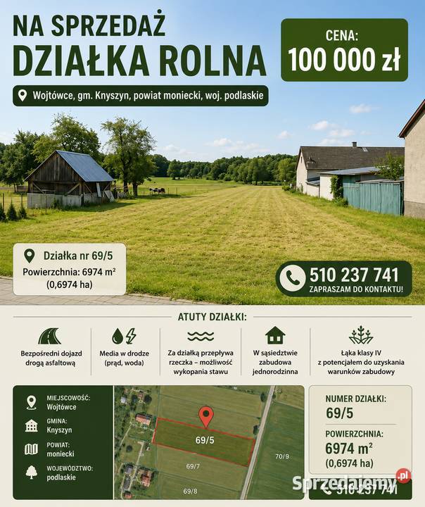 Sprzedam działkę Wojtówce gmina Knyszyn podlaskie