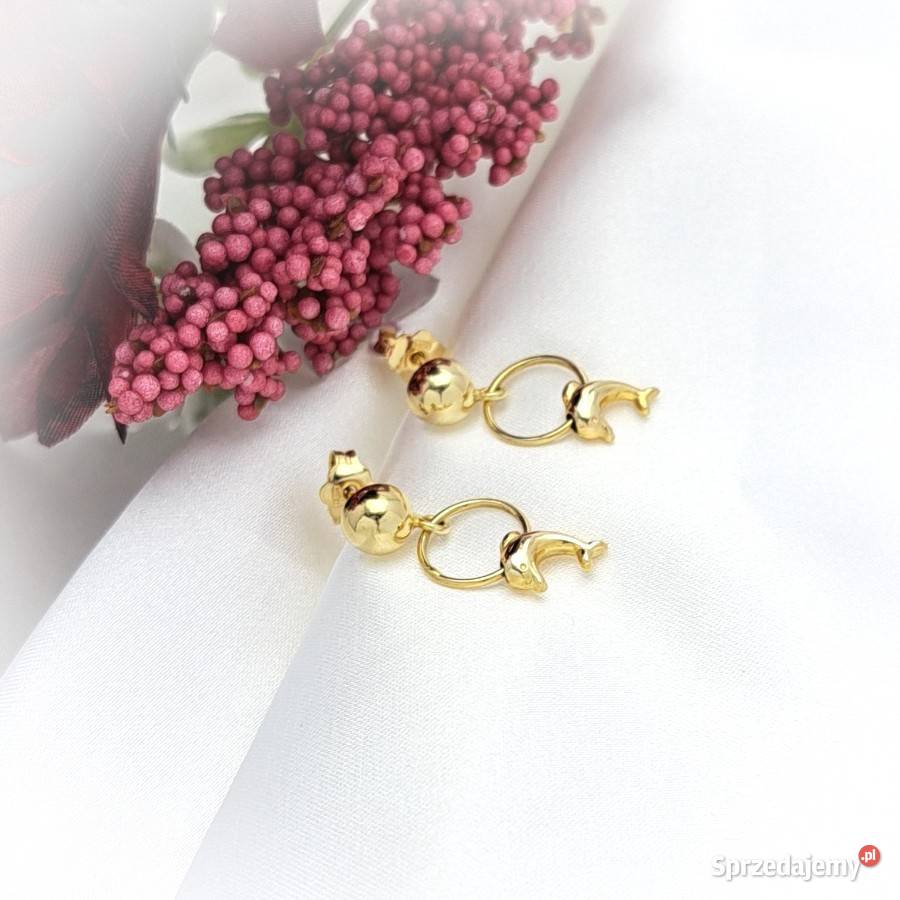 Kolczyki Złote pr585 Delfinki wiszące sztyft złote Poznań
