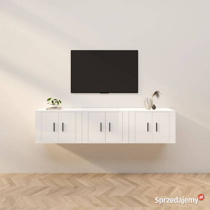 Wiszące szafki TV 3 białe z połyskiem 57x345x40 mazowieckie Warszawa
