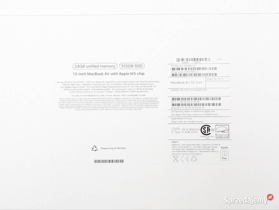 Apple MacBook Air 13 M3 24 GB 512 GB czarny Intel Celeron M Warszawa