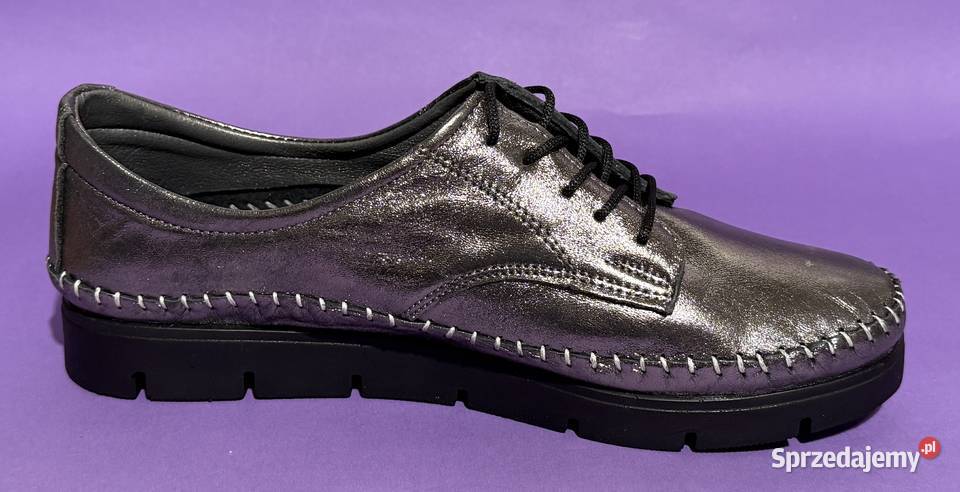 Skórzane damskie platynowe wiązane półbuty Żyrardów