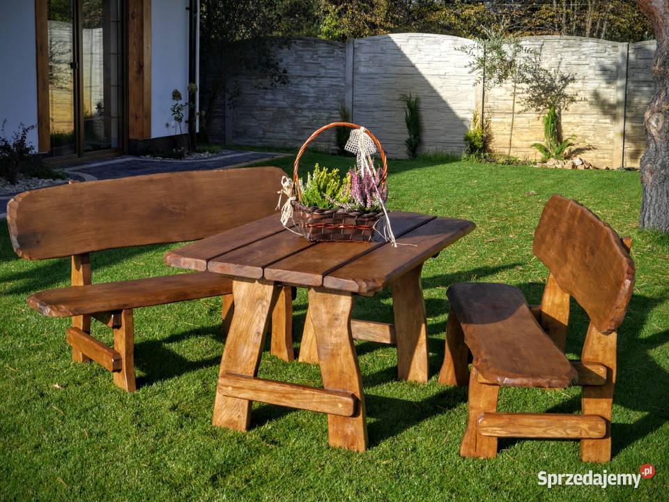 Drewniane meble ogrodowe stół i 2 ławki na 8