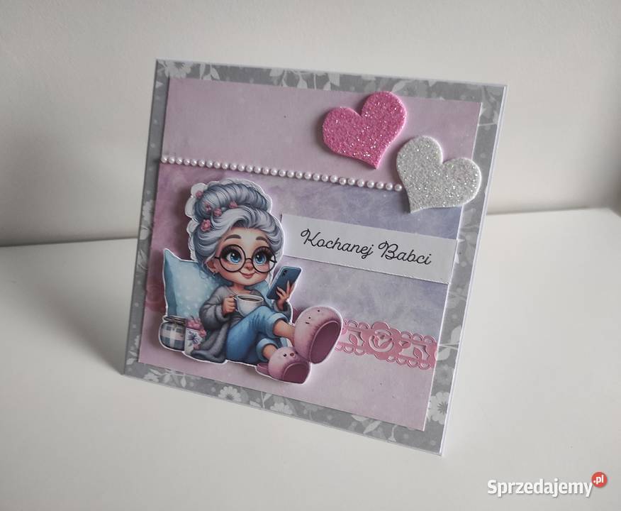 Kartka ręcznie robiona na Dzień Babci różowa Łódź
