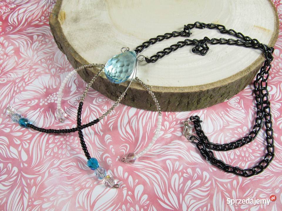 Naszyjnik czarny niebieski srebrny łezka Naszyjniki