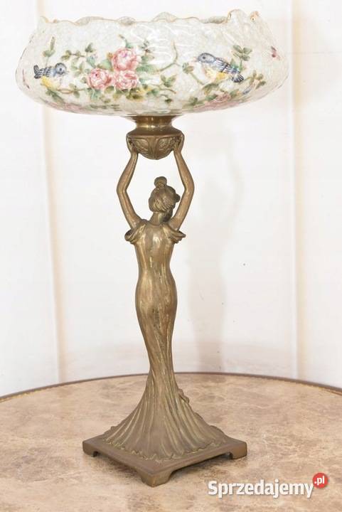 Antyczna Patera Stojąca z Kobietą Porcelana Brąz Kraków