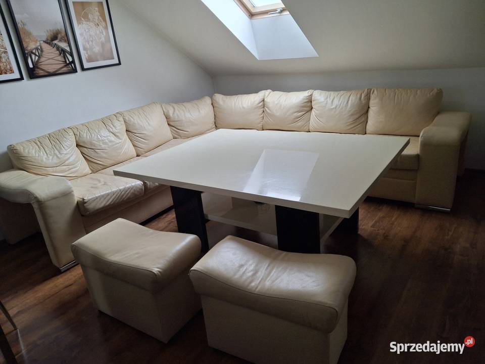 Sofa skorzana i stół kolor beżowy Kraków