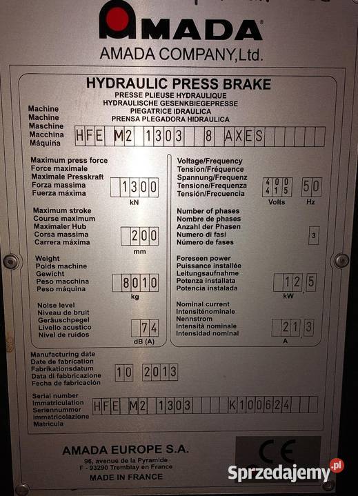 Prasa krawędziowa Amada 130t produkcji 2013 Świebodzice