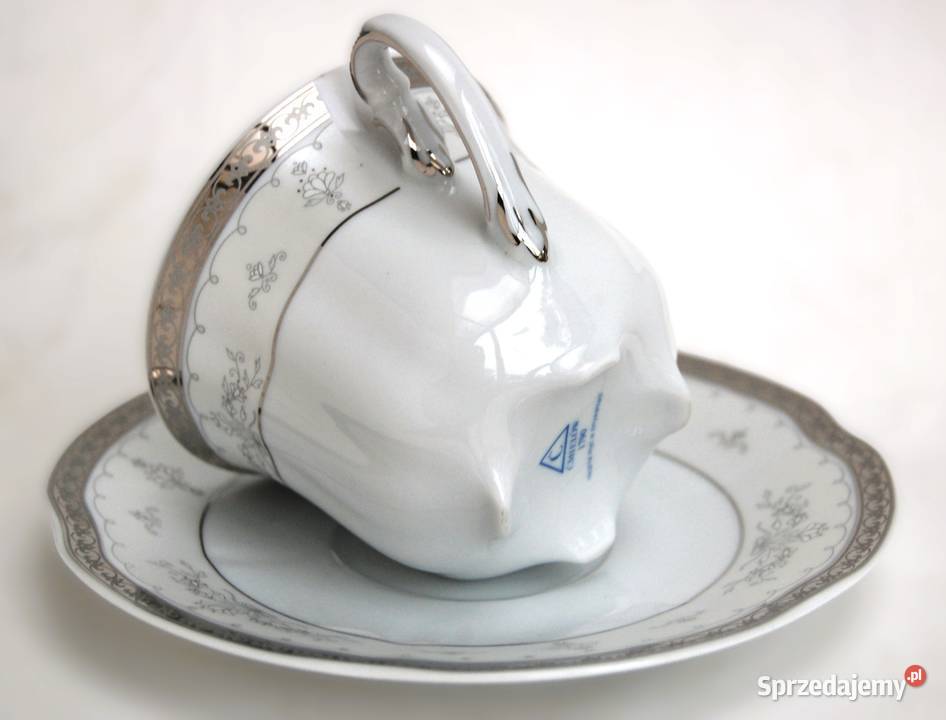 Srebrzona filiżanka ze spodkiem BOLERO porcelana biały Filiżanki i spodki Lublin sprzedam