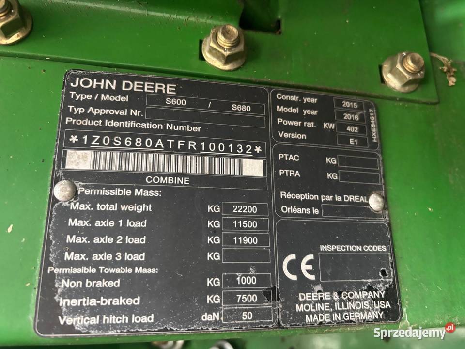 Kombajn zbożowy John Deere S680 2016 24501730 Maszyny rolnicze Nowa Ruda