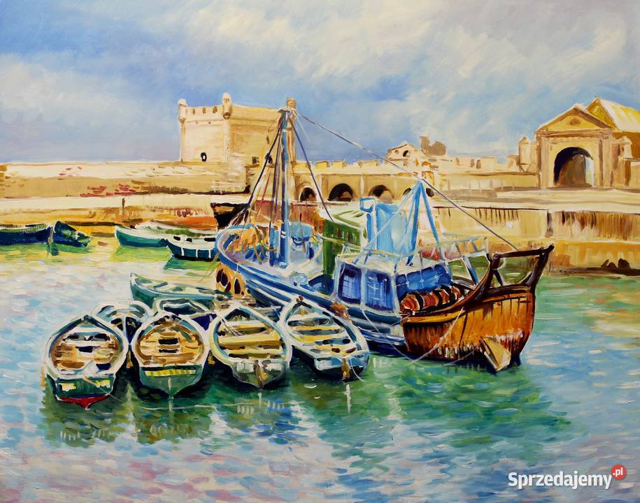 Pejzaż z łódkami olej płótno 100x80 mazowieckie Warszawa