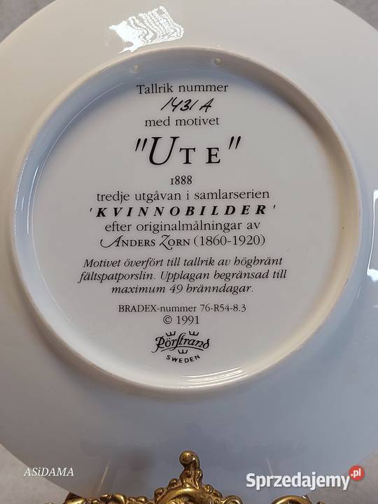 PORCELANOWY KOLEKCJONERSKI TALERZ RRSTRAND UTE Dobrzany