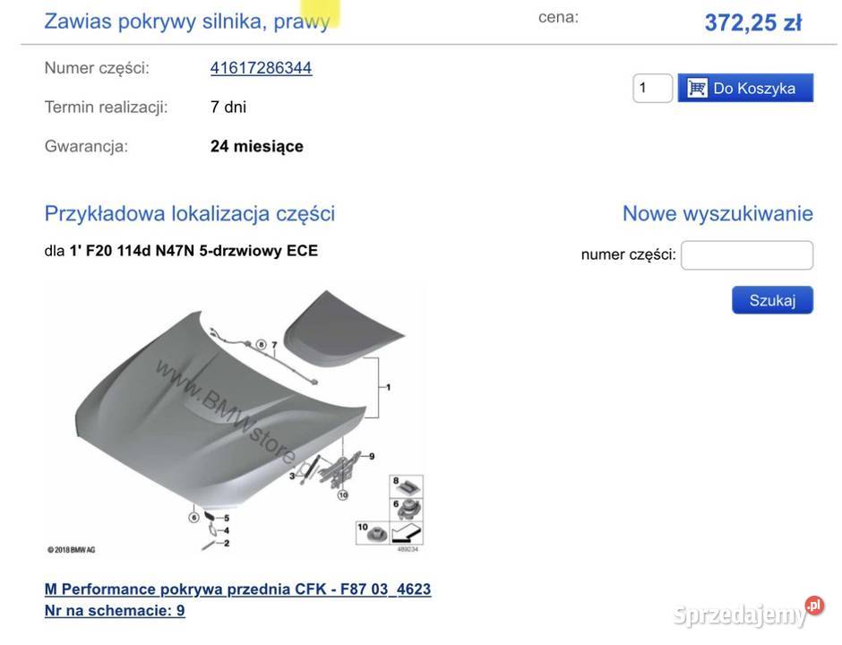 Zawias maski BMW Prawy prawa 41617286344 Warszawa