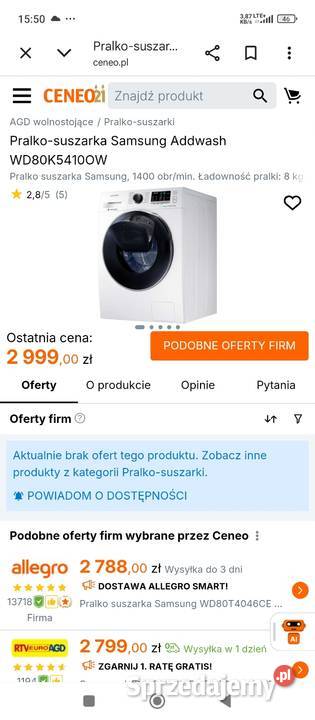 Pralka Samsung Pralko suszarka 86 1400obr 60cm Warszawa sprzedam