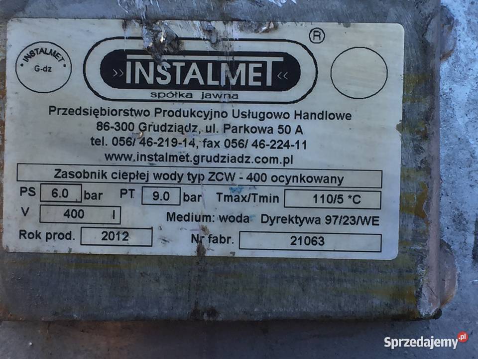 Zasobnik ciepłej wody ocynkowany 400 l 6 bar Koszalin