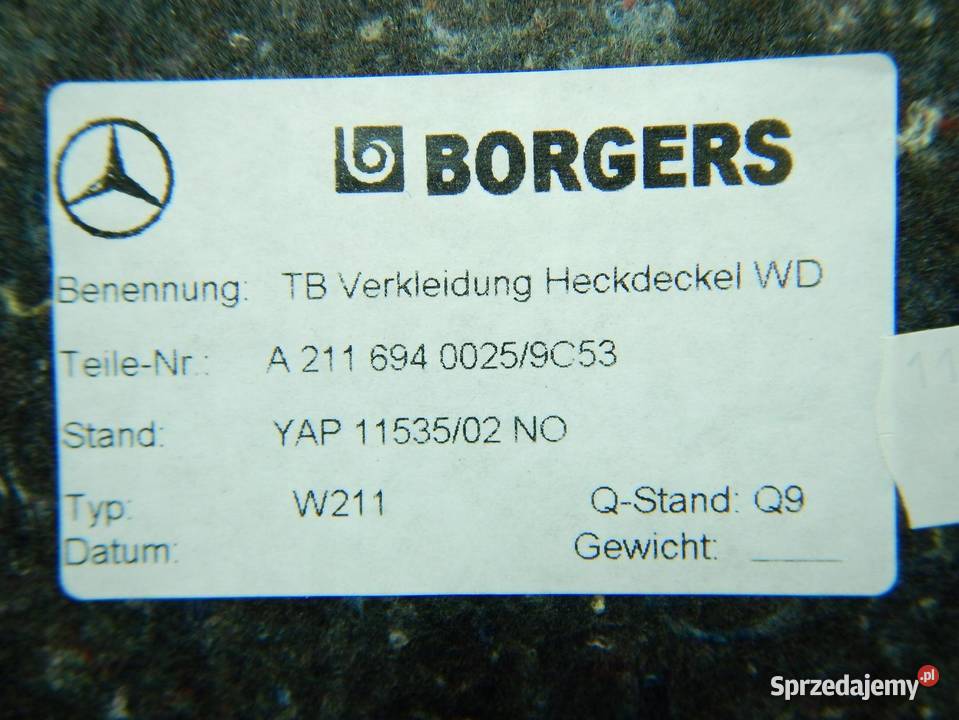 Mercedes E W211 tapicerka bagażnika A2116940025 osobowe