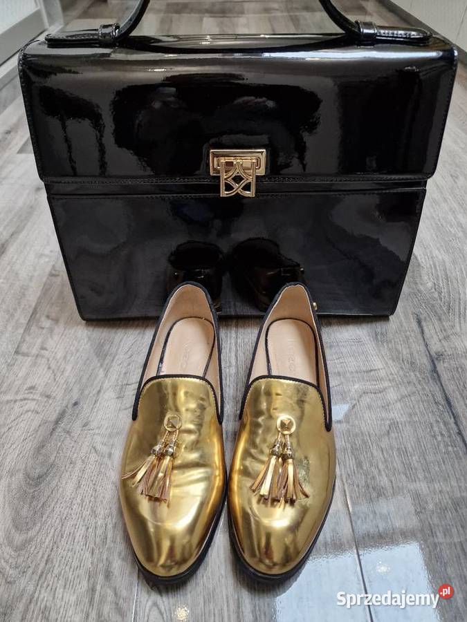 Mokasyny złote skóra lakier Kazar 36 Żywiec