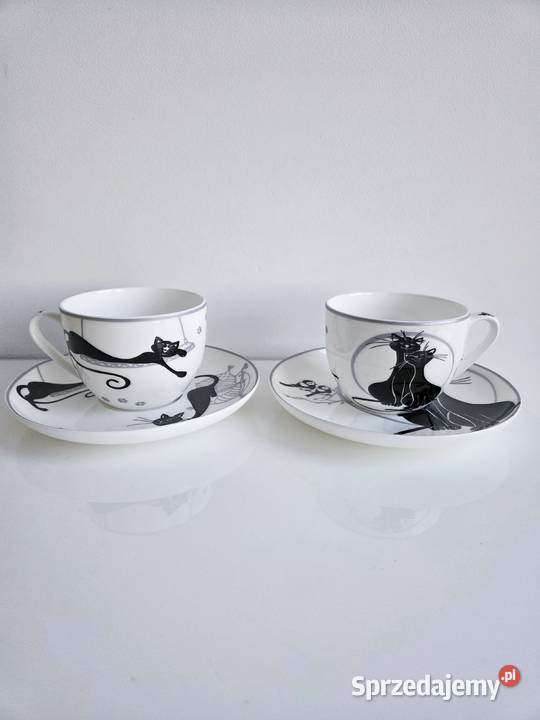 2 białe filiżanki w czarne koty ze spodkami małopolskie Liszki