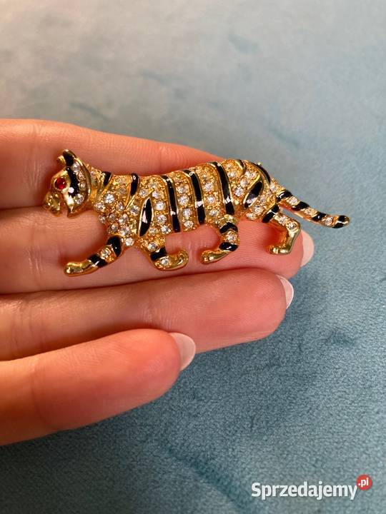 Nowa unikatowa złota broszka kot tygrys vintage Nisko
