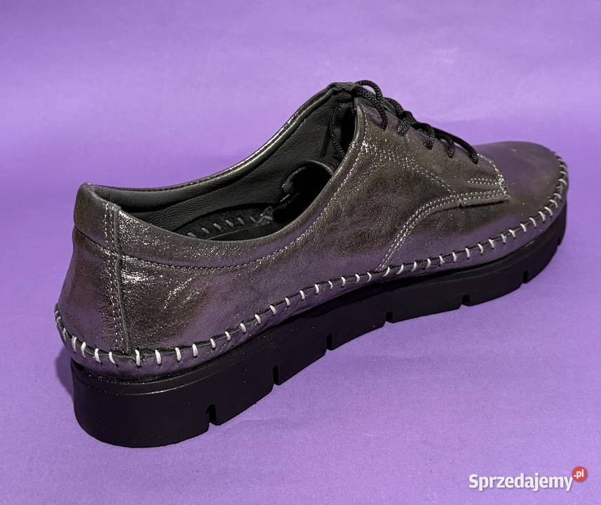 Skórzane damskie platynowe wiązane półbuty