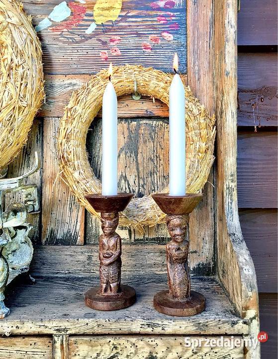 Dwa świeczniki z drewna egzotycznego rzeźba Myszków