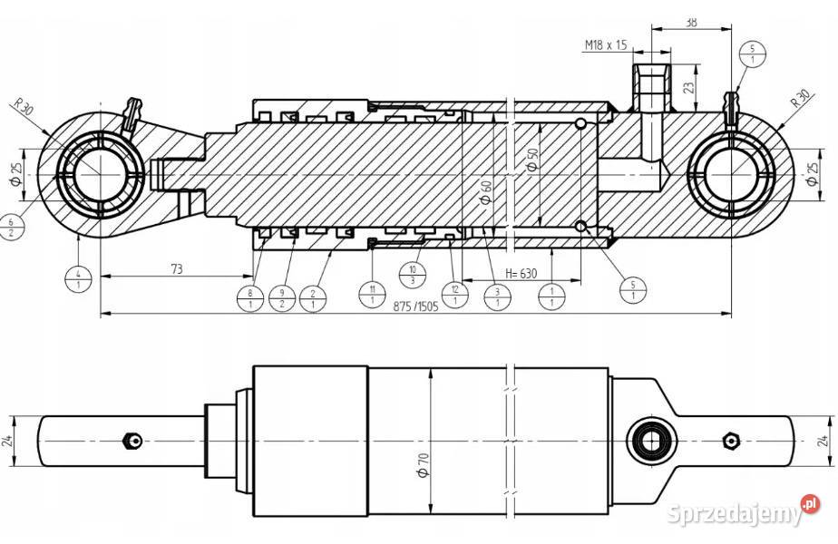 SIŁOWNIK Hydrauliczny Ładowacz TUR 630 mm Fi 25