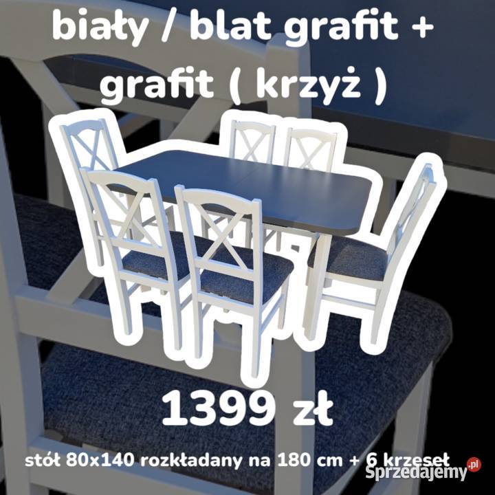 Nowe:Stół 80x140/180 + 6 krzeseł,biały/grafit + grafit(krzyż