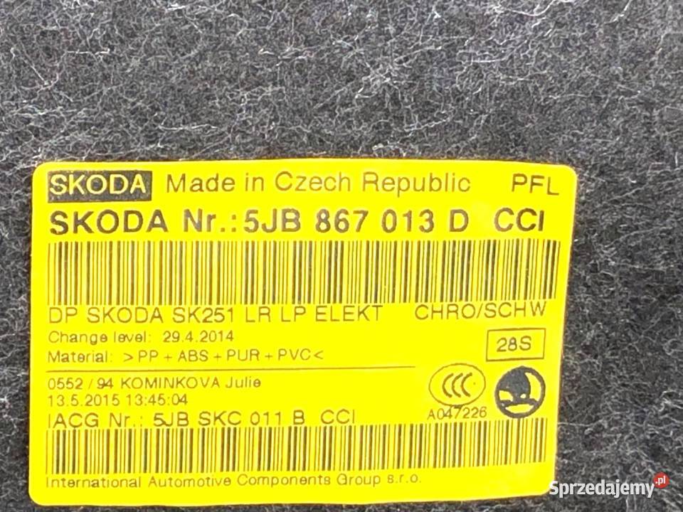 BOCZEK DRZWI LEWY PRZÓD SKODA RAPID Kombi