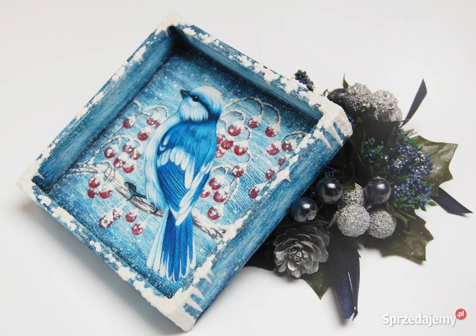 Drewniana tacka malowana ptak sikora lazurowa lubelskie Lublin