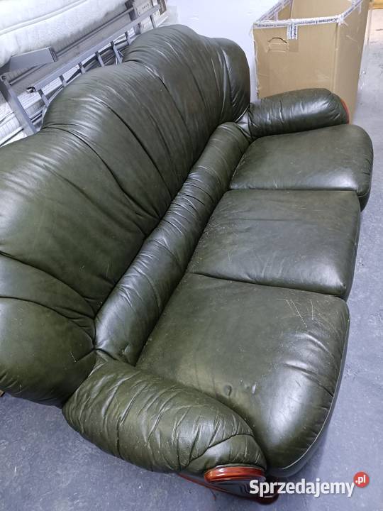 Kanapa sofa + trzy fotele zielona skóra