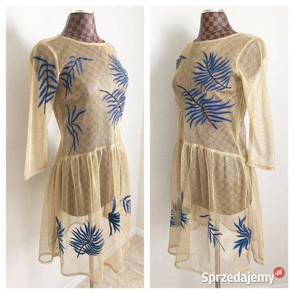 Mango Gold Metallic Fishnet Sheer Dress Blue Odzież damska Zamość