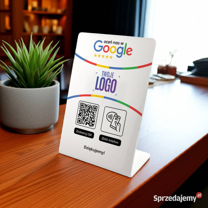 Stojak prezenter gięty z QR NFC i logo firmy do Warszawa