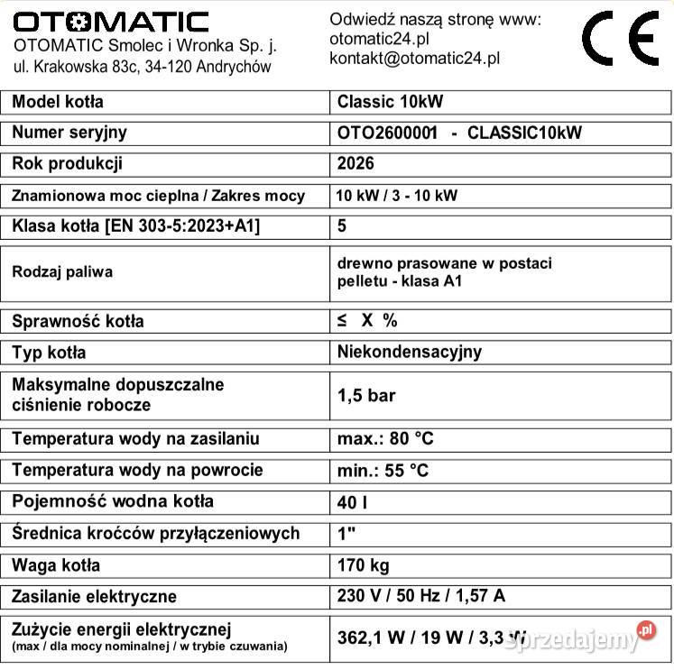 Kocioł na Pellet Otomatic Classic 10 kW klasa 5