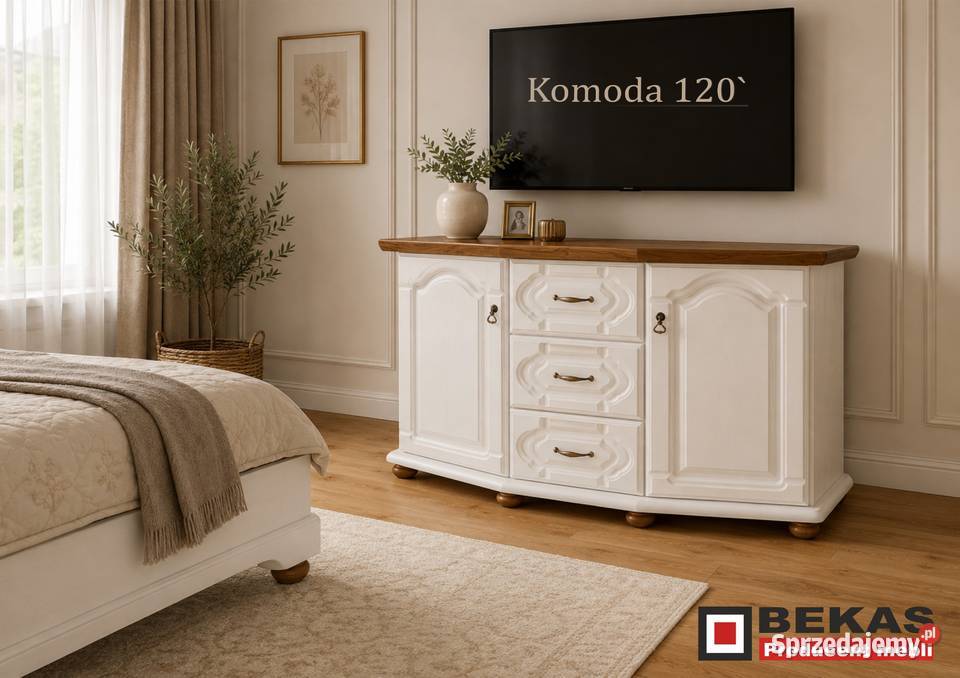 Stylowa Biała Komoda Klasyk Blat Dąb Złoty Augustów