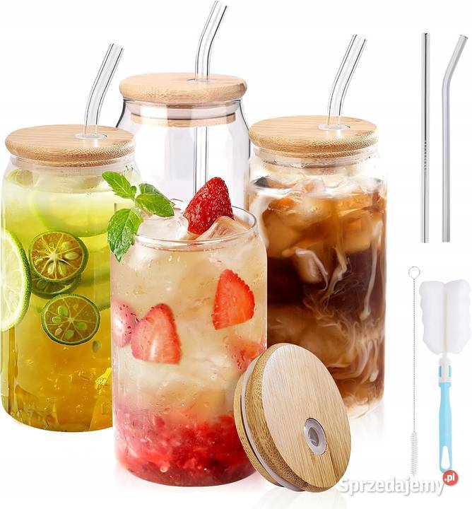 Szklane kubki z pokrywkami 4 473 ml Brak słomek Myszyniec