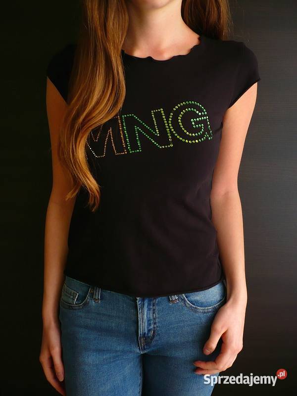 czarna koszulka s 36 tshirt Mango cekiny napis