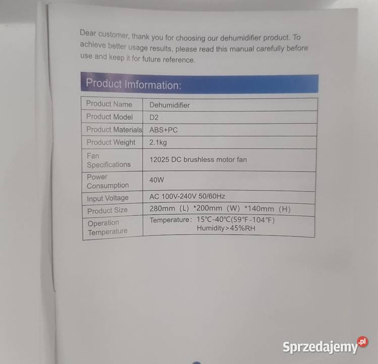 Osuszacz powietrza Zastion D2 2200 ml nowy