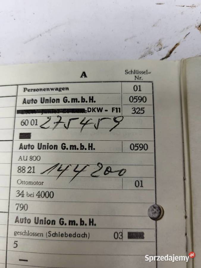 BRIF PAPIERY DKW F11 AUTO UNION AU800 1961R Rybnik sprzedam