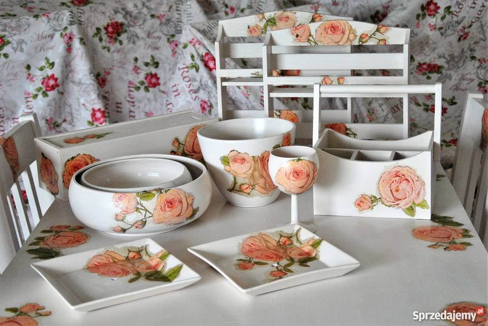 STYLOWY STÓŁ SOSNOWY DECOUPAGE ZESTAW Kawice