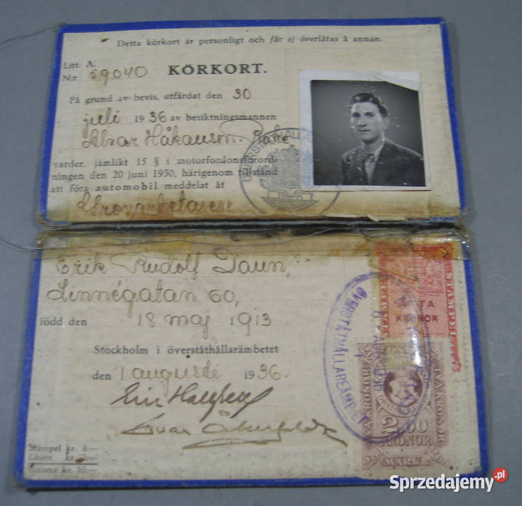 Szwedzkie Prawo Jazdy z 1936 roku Pozostałe Antyki, Sztuka, Kolekcje Warszawa