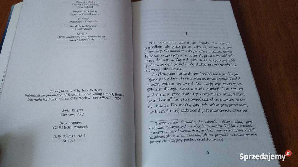 Los utracony Imre Kertsz przeł Krystyna Pisarska pomorskie Gdańsk