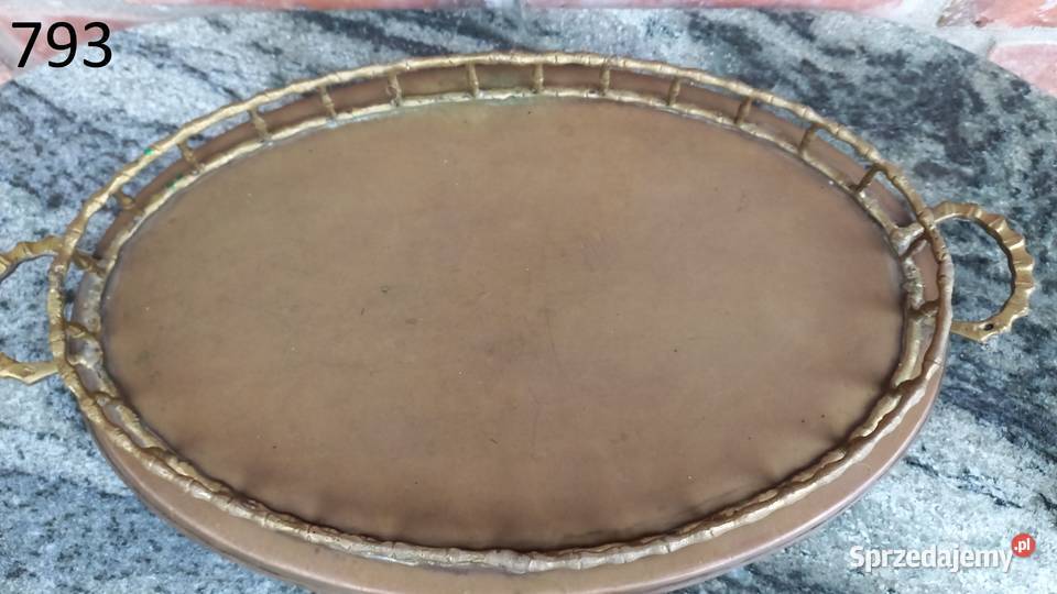 Mosiężna taca vintage z uchwytami i azurowym Gawroniec