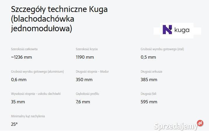 Blachodachówka 1modułowa KUGA MAT TK PLUS 60 lat