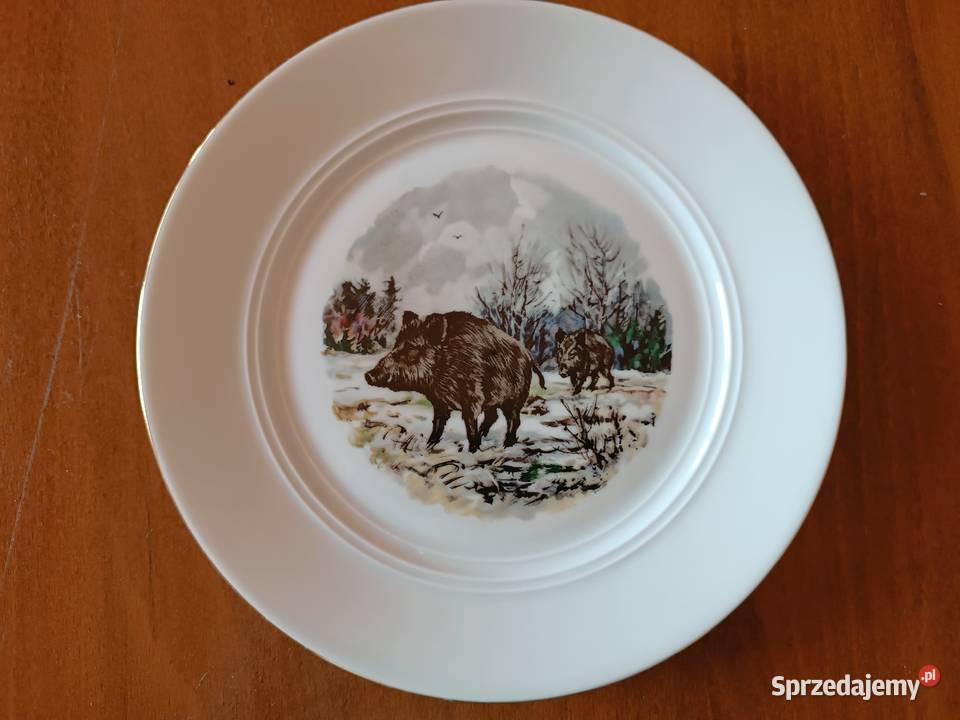 Talerz ozdobny z dzikiem Niemiecka porcelana śląskie Szczyrk