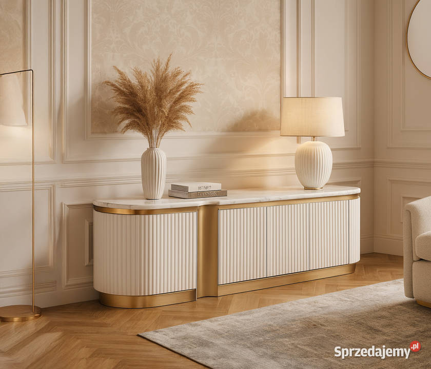 Ryflowana szafka RTV złota biała z blatem Golkowice sprzedam