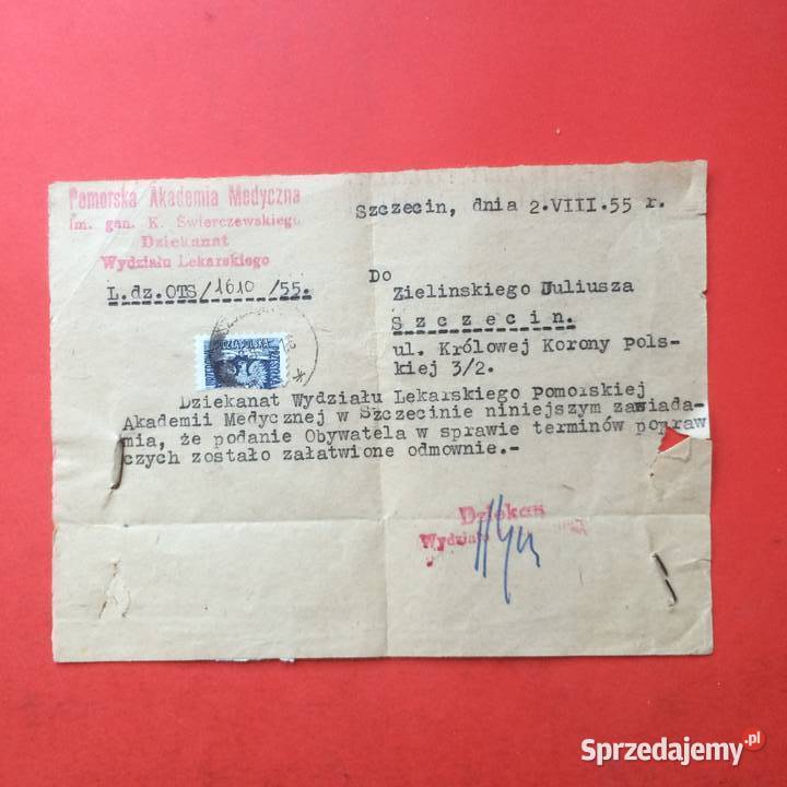 820 Pismo Akademii Medycznej w Szczecinie Szczecin