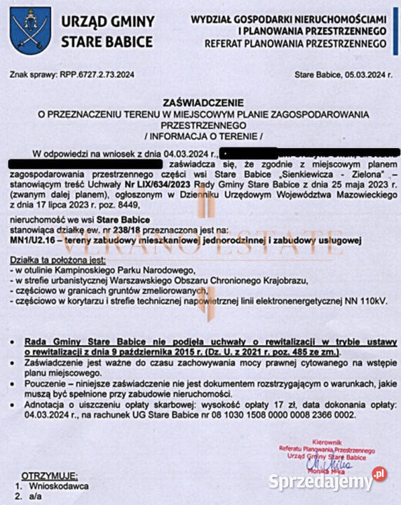 DZIAŁKA BUDOWLANA MPZP 1776M2 KRĘTA Stare Babice